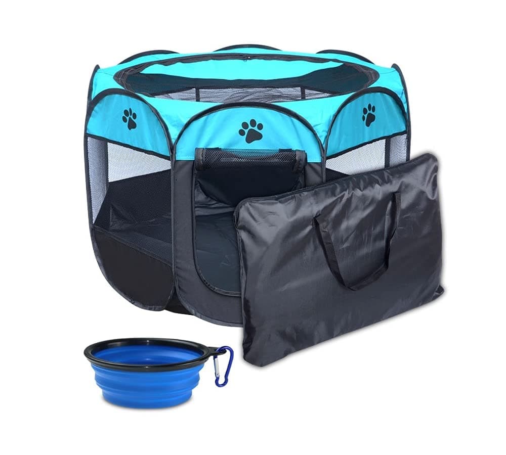 Coopupet Pet Playpen, Foldable Dog Playpen, Portable Dog Pen, Octagon Puppy Playpen Indoor, Exercise Kennel Dog Tent for Dogs/Cats/Rabbits + Free Carrying Case + Free Travel Bowl (Blue+Black, L)
