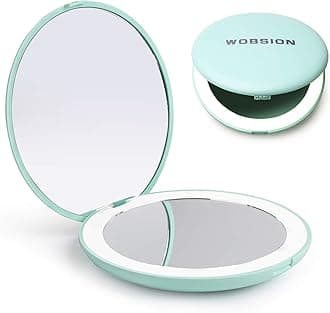 WOBSION LED Lighted Travel Makeup Mirror, 1x/10x Magnification, Compact, Portable for Handbag, Purse, Pocket, 3.5 inch Illuminated, Folding, Handheld, 2-Sided, Round, Cyan