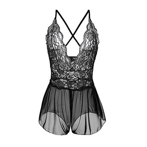 SpicyIzzy Women's Lingerie Open Crotch See Through Underwear One Piece V-String Lace Mess Crotchless Miniskirt Undergarment Babydoll Dress Plus Size (XXXL, Black)