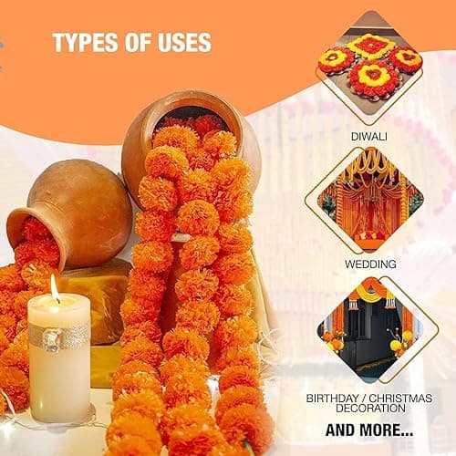5 Pc 5 feet Long Marigold Garland for Decoration Long Strands Artificial Marigold Flowers | Indian Décor for Pooja | Wedding | Christmas | Diwali Decor (Dark Orange)