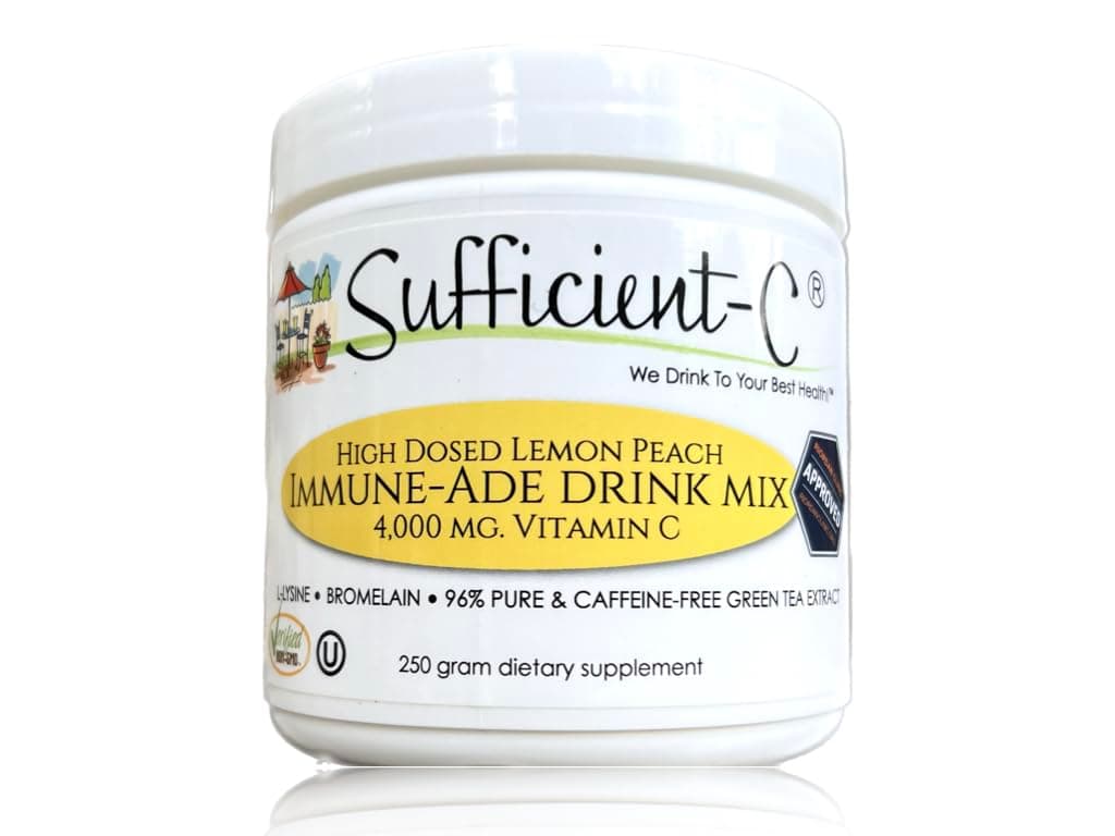 High-Dosed 4000 mg. Vitamin C Lemon Peach Immune-Ade Drink Mix 250 gram Size - Refreshing with Generously Dosed L-lysine, Bromelain & 96% Pure, Caffeine-Free Green Tea Extract
