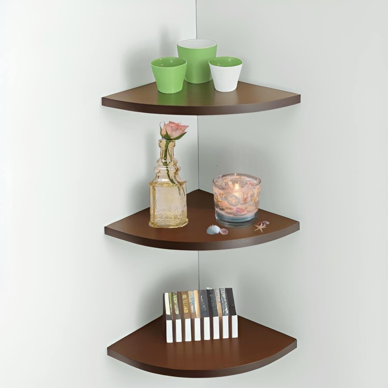Floating Corner Shelf Wall Mount, Set of 3 Corner Wall Shelves Strage Wall Display Rack for Bedroom, Living Room, Bathroom, Kitchen (Brown)