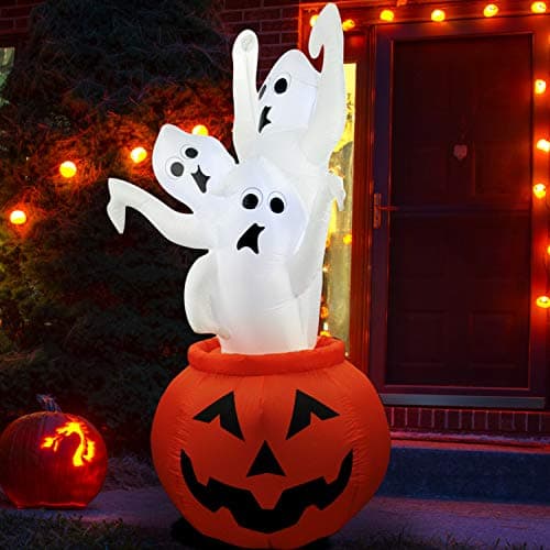 SEASONBLOW 7 Ft Halloween Inflatable Pumpkin with 3 Three Ghosts, Airblown Decor for Lawn Yard Garden Home Party Indoor Outdoor