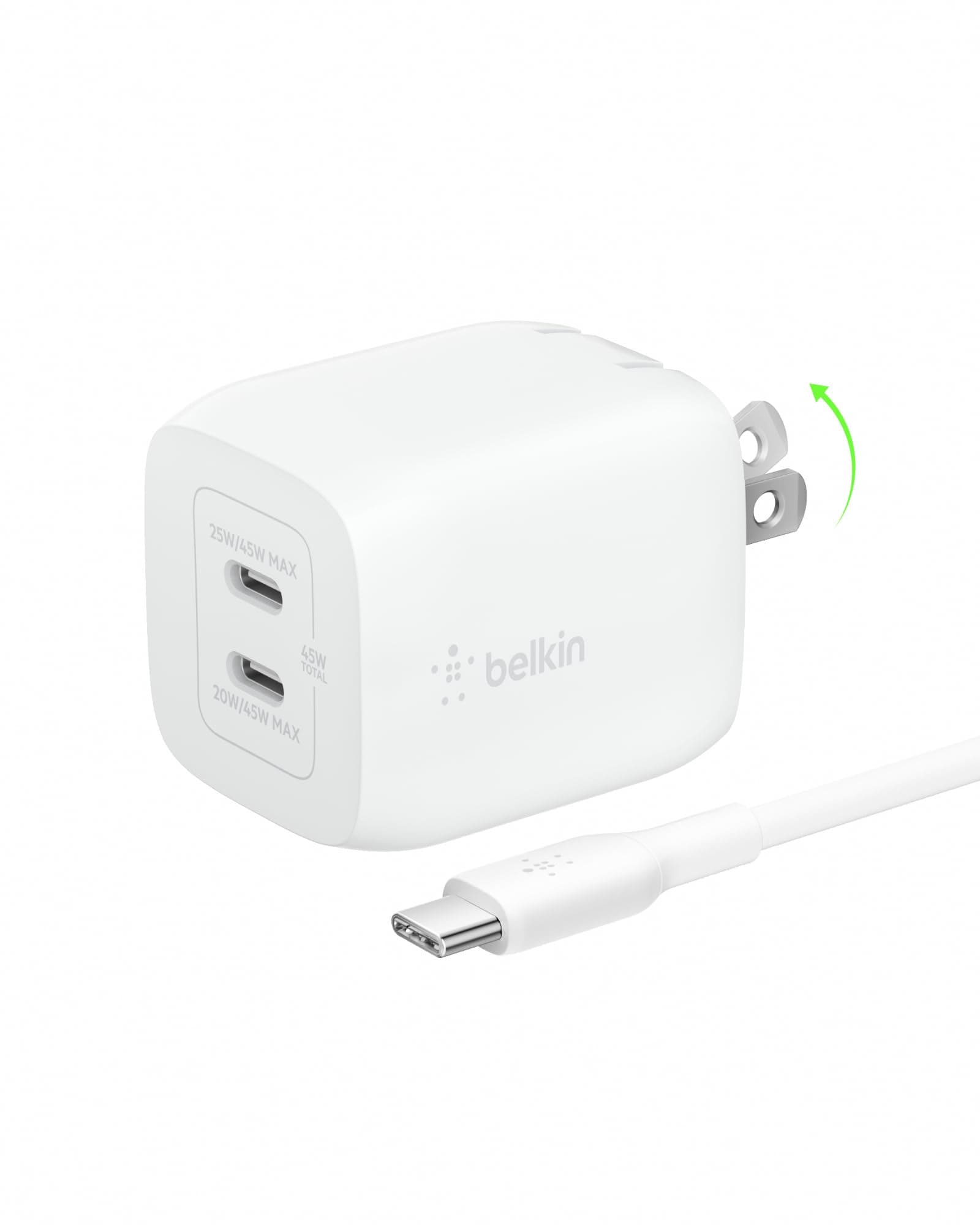 Belkin Dual Port Charger Block 45W - C to C Cable Inlcuded - GaN PD3.0 Super Fast Charging - Samsung Galaxy S25, MacBook, iPhone 17, iPad, AirPods, Google Pixel 10, Nintendo Switch 2 & More - White