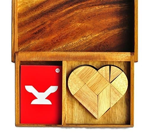 Tangram Puzzle, Wooden Game, tangrams with Cards, Logic Heart Tangram Set with Play Cards Wooden Puzzle Game, with Collection Box, Gift Box, Cotton Bag