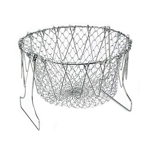 Foldable Fry Basket,Chef Basket, Multi-Function Stainless Steel Fry Chef Basket,Poaching Boiling Deep Frying Basket,Fruit Vegetable Rinsing Washing Cook Tool