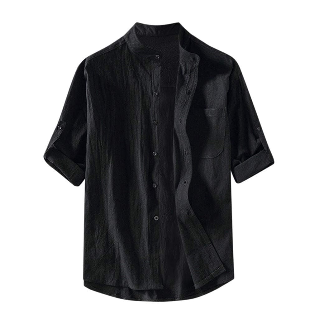 TUDUZ Men Men's Summer Vintage Solid Grandad Collar Short Sleeve Buttons Henley Neck Cotton And Linen Shirt