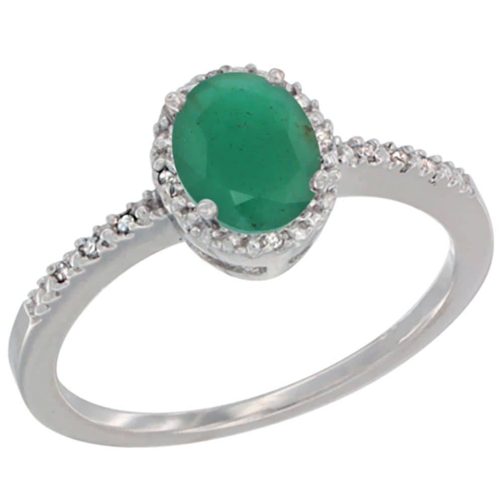 10K White Gold Diamond Natural Emerald Engagement Ring Oval 7x5 mm, Sizes 5-10