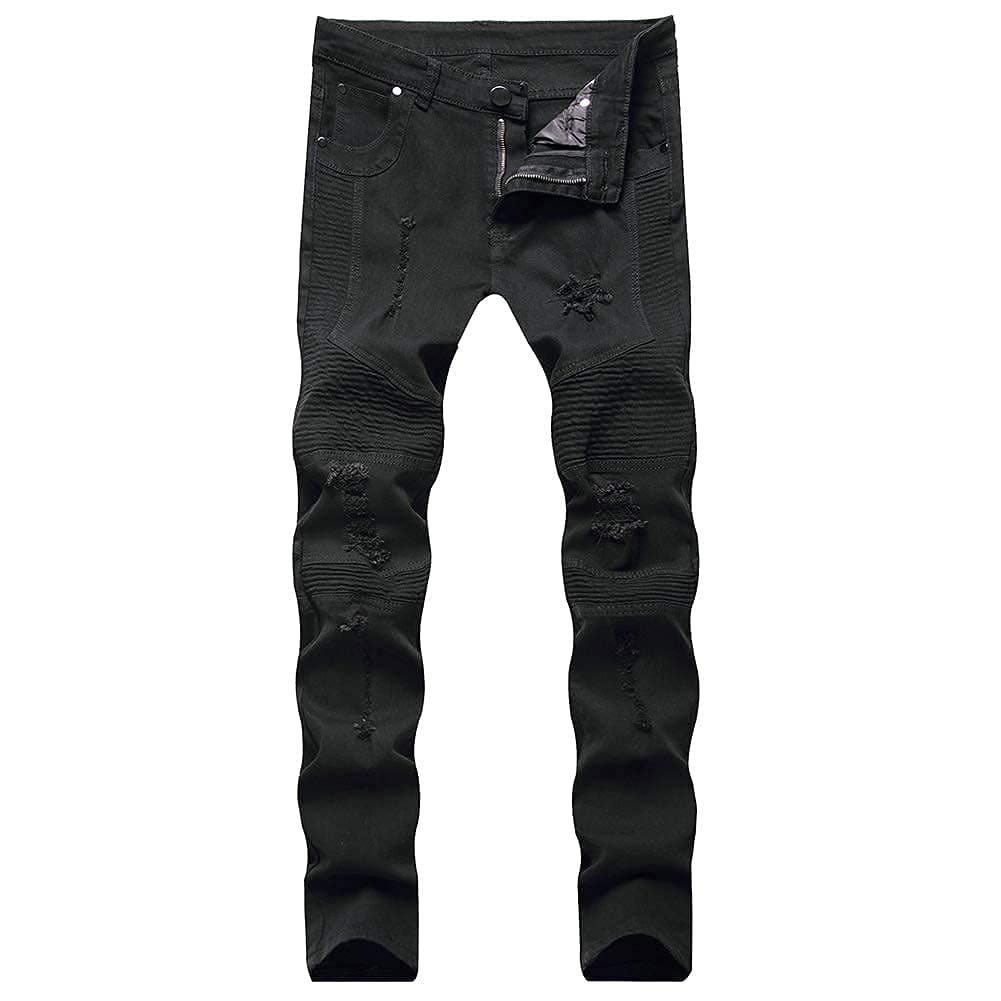LONGBIDA Mens Ripped Biker Jeans Skinny Distressed Moto Casual Denim Pants