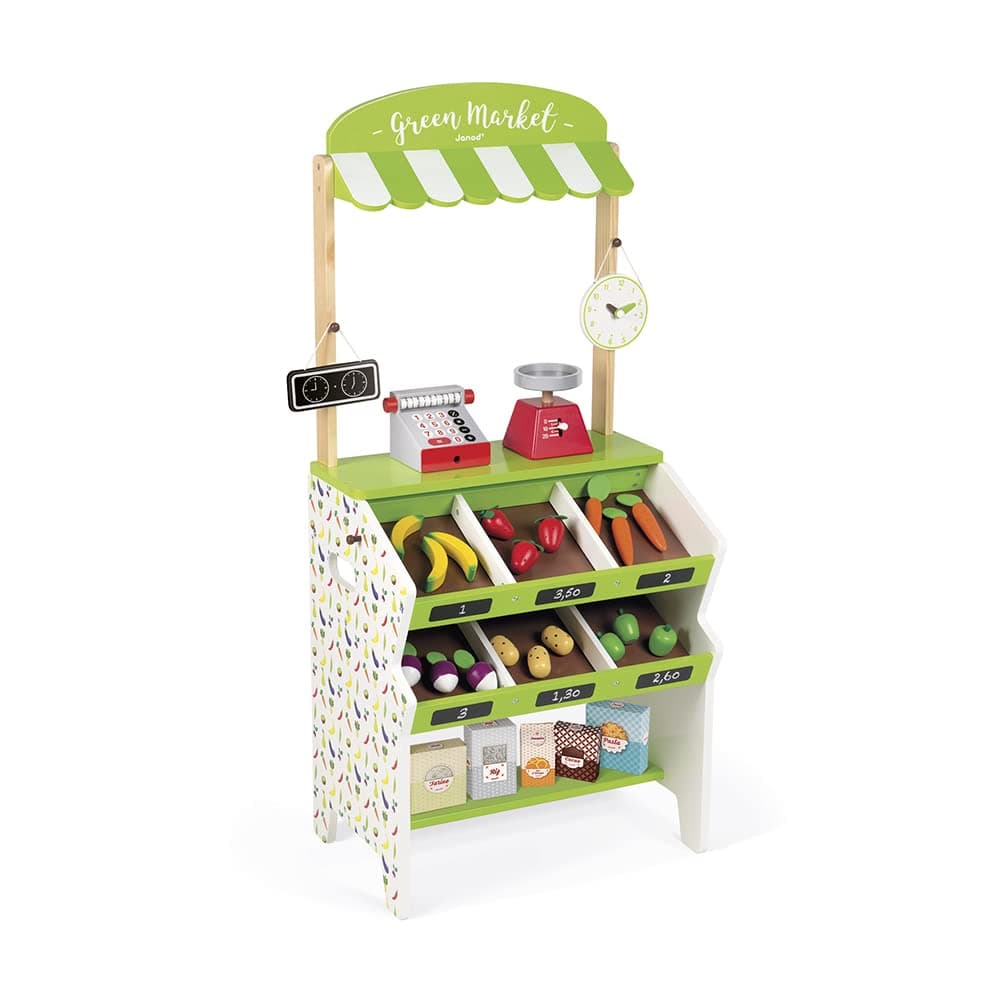 Janod Green Wooden Market Grocery Play Stand with 32 Accessories - Ages 3+ - J06574