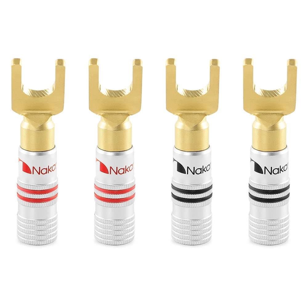 Nakamichi Excel Series 24k Gold Plated Spade Y Banana Plug 12-18 AWG Gauge Size 4mm Speakers Amplifier Hi-Fi AV Stereo Home Theatre Audio Wire Cable Screw Connector, 4 Pcs (2-Pairs)