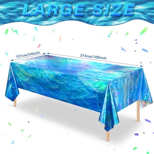 Hallswl 3 Pcs Iridescent Ocean Waves Tablecloths, Disposable Plastic Ocean Blue Table Cloth, Rectangle Table Covers, 54 x 108 Inch, Perfect for Under the Sea, Mermaid, Beach & Surf Parties