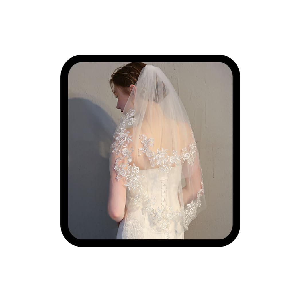 Wedding Lace Veil Short Sparkle Waist Veils 2 Tier Soft Tulle Bridal Veils with Comb (White)