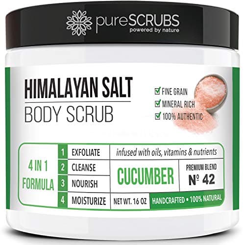 pureSCRUBSPremium Pink Himalayan Salt Body Scrub Set - Large 16oz CUCUMBER SCRUB, Organic Essential Oils & Nutrients INCLUDES Wooden Stirring Spoon, Loofah & Mini Exfoliating Bar Soap