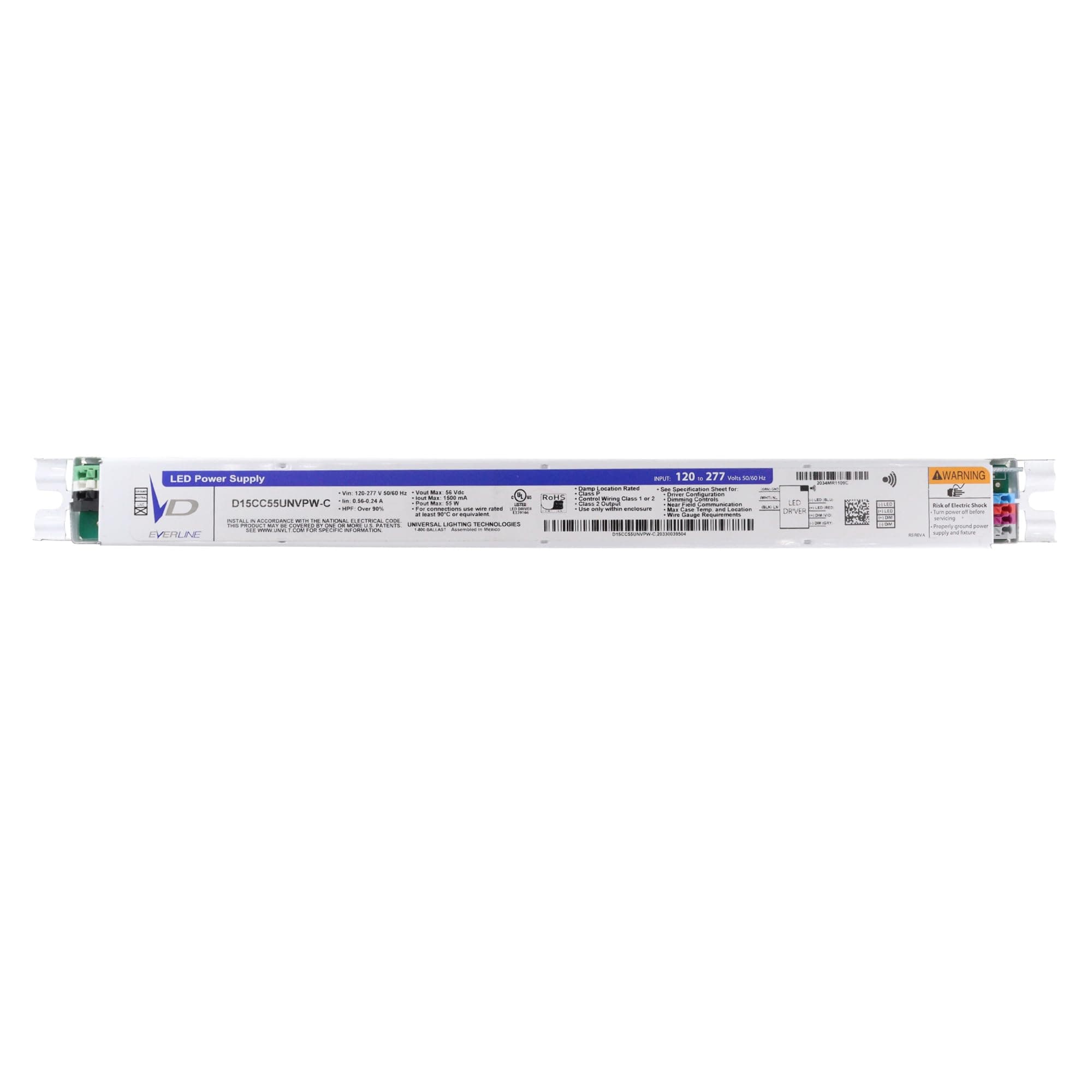 Universal LightingTechnologies D15CC55UNVPW-C Dimmable LED Driver, 56V, 55W 1190mA, 120-277V