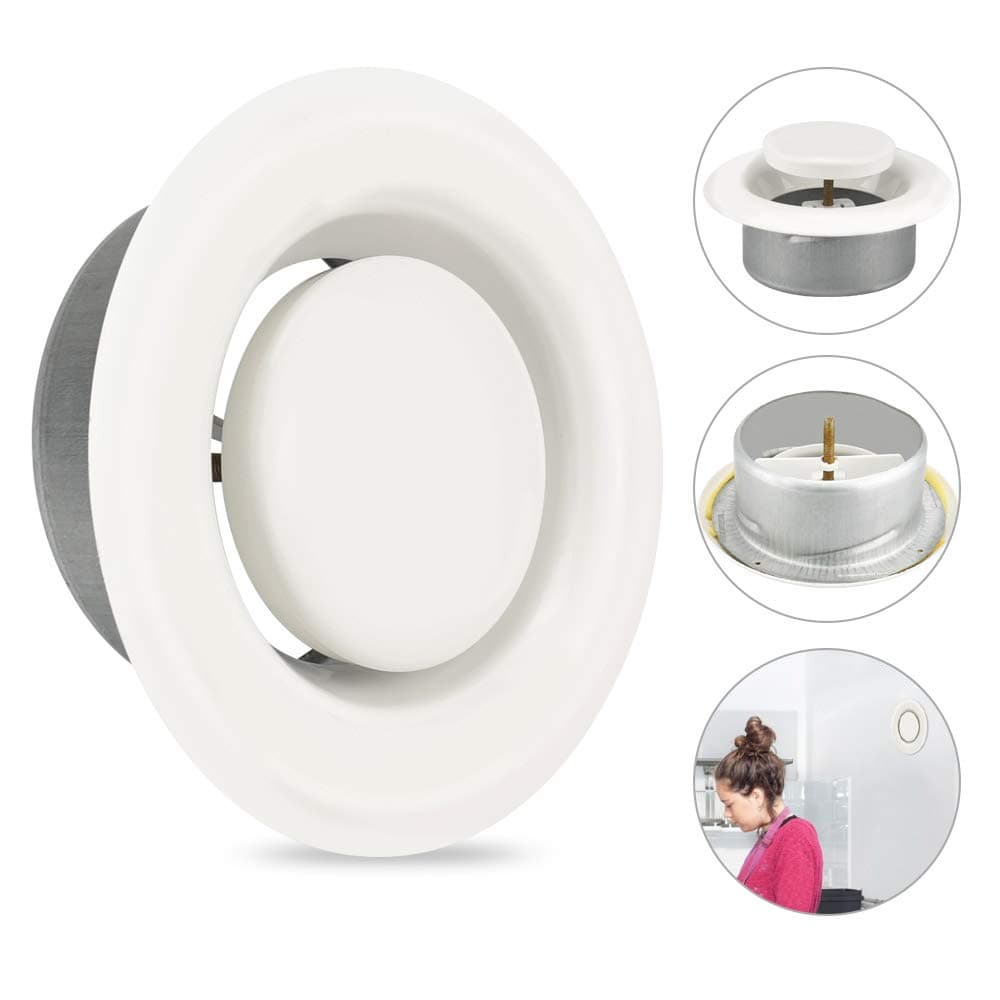 Round Ceiling Vent Adjustable Air Valve Grill Ventilation Ducting Hose Cover Bathroom Wall Vent Cover Metal Extractor Fans Grille for Bathroom Office Kitchen, White (100mm 4" Dia)