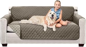Sofa Shield Patented Couch Slip Cover, Large Cushion Protector, Reversible Stain and Dog Tear Resistant Slipcover, Quilted Microfiber 70” Seat, Washable Covers for Dogs Pets Kids, Latte Linen