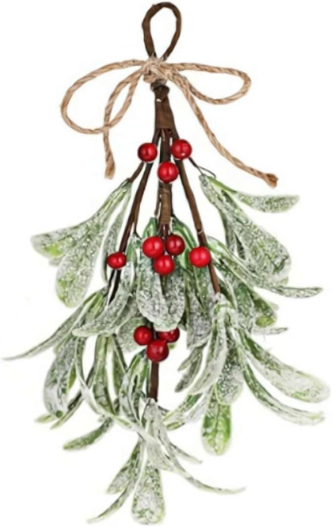 Christmas Mistletoe Decoration, Artificial Green Christmas Mistletoe Hanging Bouquet, Artificial Mistletoe Ornament with Bow, Doorway Hanging Decoration