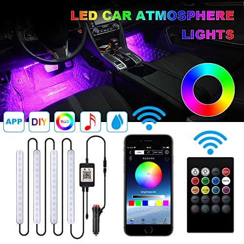 Car Interior Lights,TACHICO Car RGB LED Strip Lights APP IR Wireless Remote Control Car Interior 4pcs Multi-Color music Waterproof Lights Kit Strips with Sound control Car Charger Included DC 12V…