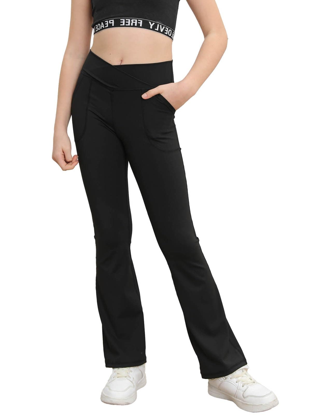 Girl's Leggings Cross High Waisted Flare Pants Yoga Bootcut Pants Solid Color Full Length Bell Bottoms