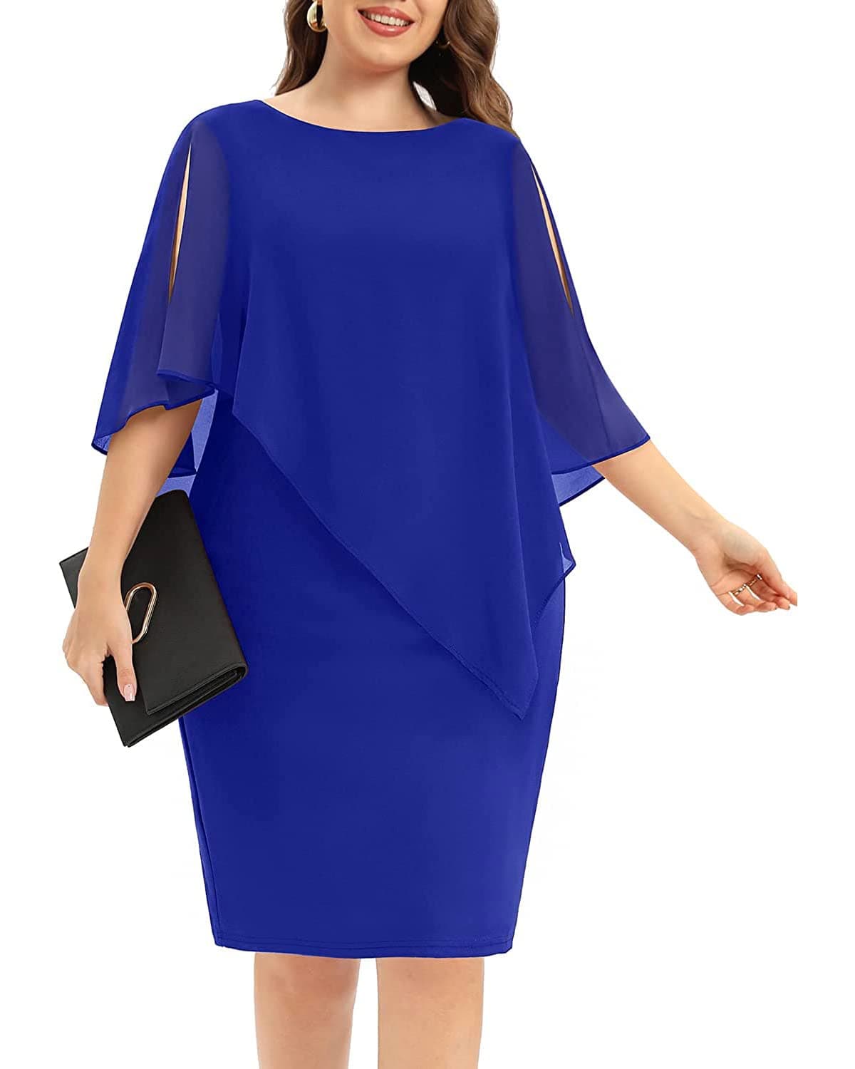 Women's Cape Dress with Chiffon Overlay Sleeveless Round Neck Bodycon Pencil Dress