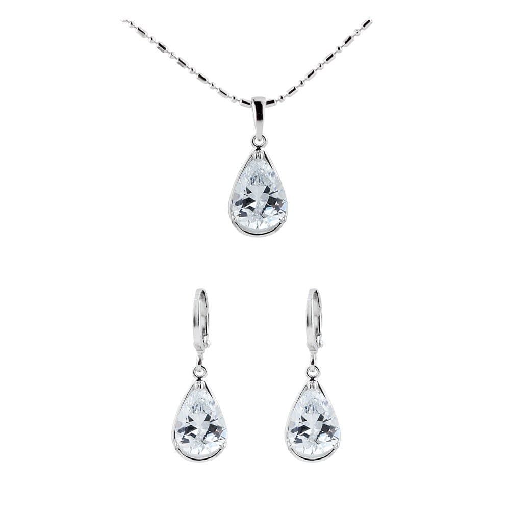 SO SEOUL Women's Diamond Simulant Sparkly Teardrop Earrings + Necklace Set