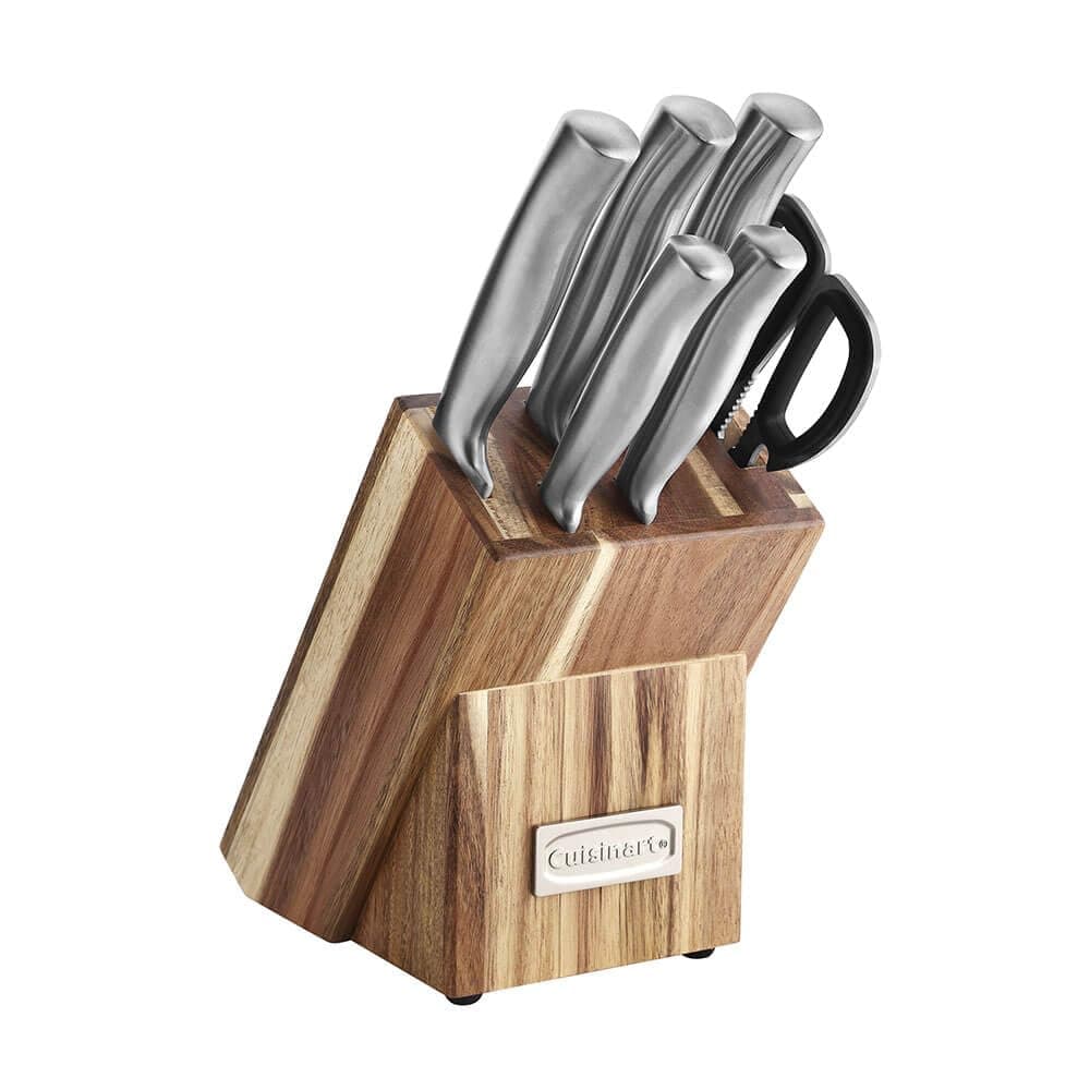 Cuisinart C77SS-7P Stainless Steel 7-Piece Prep Knife Set Acacia Block Precision Cut Blades, Ergonomic Handles