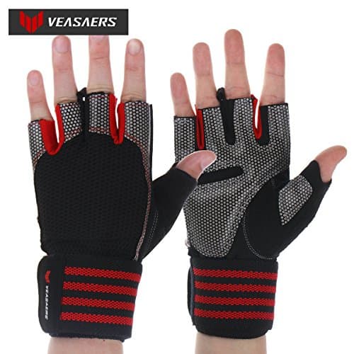 Veasaers Exercise Gloves with Wrist Wraps, Padded Anti-Slip Gym Gloves for Weight Lifting, Crossfit, Gym Workout, Fitness, Bodybuilding, Wrist Support. Best for Men & Women. (Red, X-Large)