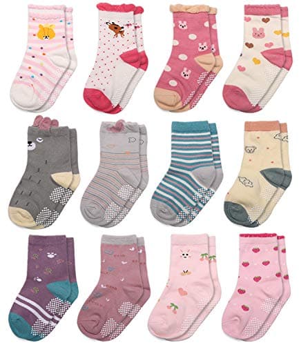 12 Pairs Assorted Non-Skid Ankle Cotton Socks with Grip For Kids Toddlers Baby Girls