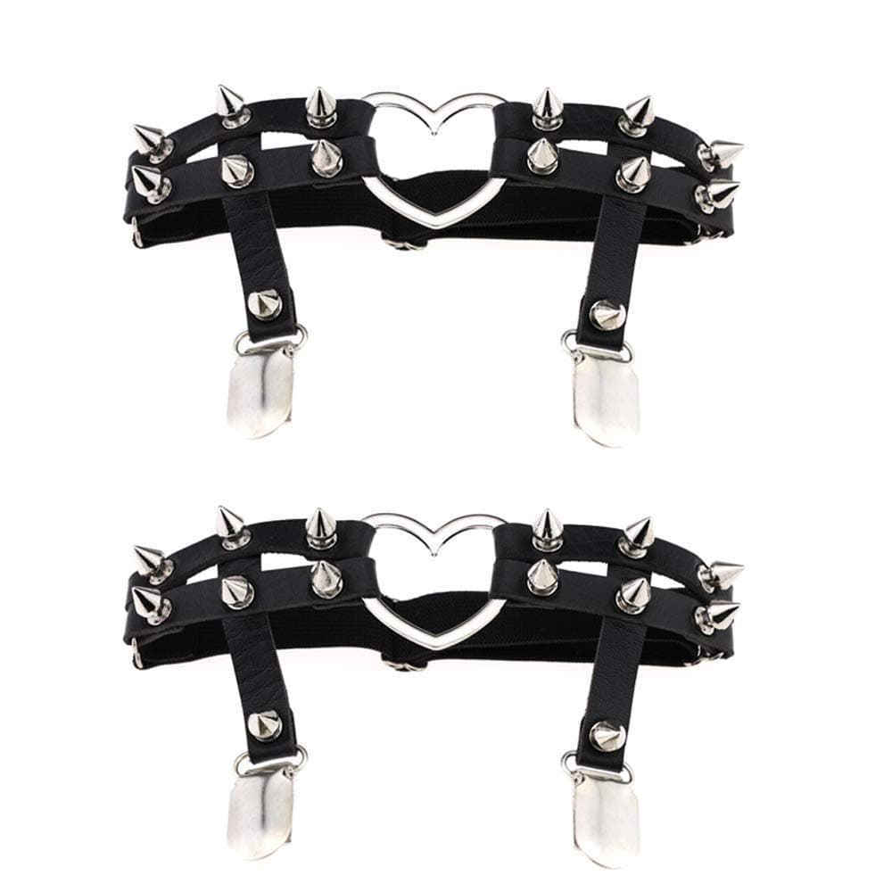 1 Pair Gothic Studded Heart Garters Leg Ring Leg Elastic Punk Harness Garter Belt Adjustable Suspender with 2 Metal Clips – Black
