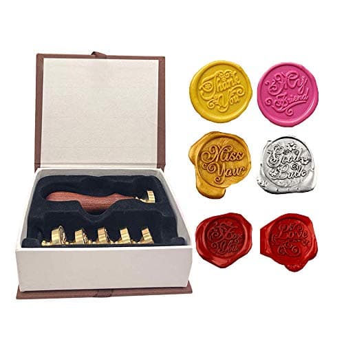 Wax Sealing Stamps Set,1 Wooden Handle + 6 Removable Sealing Copper Head, Vintage Classical Seal Stamp Kit with Gift Box (for You+Thank You+Miss You+My Friend+ Love+Good Luck)