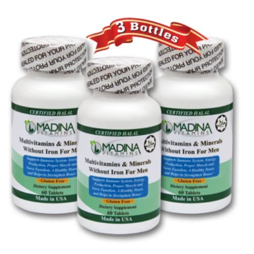 Madina Vitamins (3 Pack) Multivitamins and Minerals for Men without Iron with LYCOPENE Made in USA - Halal Vitamins