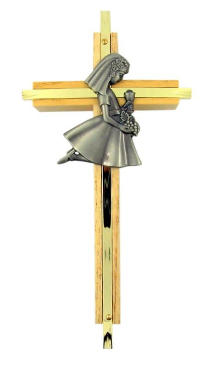 First Communion Oak Wood and Brass Wall Cross with Fine Pewter Girl Casting, 7 Inch