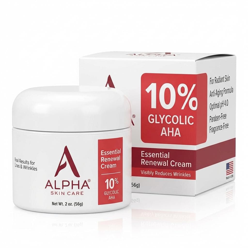 Skin Care Essential Renewal Cream | Anti-Aging Formula | 10% Glycolic Alpha Hydroxy Acid (AHA | 2 Oz, Red, White