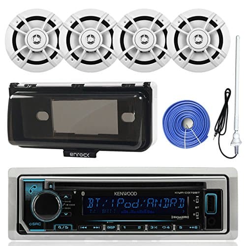 Kenwood KMRD368BT Marine Boat Audio Bluetooth CD Player Receiver W/ Protective Cover Bundle Combo With 4x 6.5-Inch 100 Watt 2-Way White Coaxial Speakers + Enrock Radio Antenna + 50Ft 14g Speaker Wire