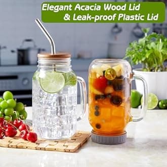 DRASTAR 24oz Iced Coffee Cups Set of 4, Mason Jar Cups, Glass Cups with Lids and Straws, Mason Jars with Handles, Mason Jar Drinking Glasses