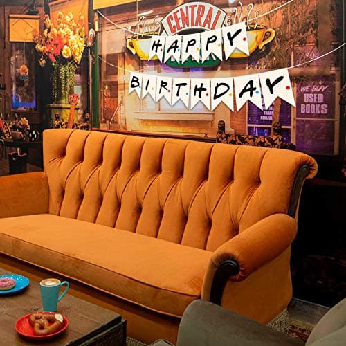 Friends TV Show Happy Birthday Banner Sign, Friends Themed Party Flag Banner, Party Supplies for Friends Fan, White Birthday Banner with Black Alphabets and Colorful Dots