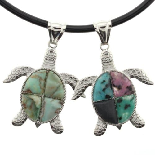 Set Of 2 Swimming Turtle Pendants -Green Matrix And Assorted Stones -56mm x 38mm -Sold as a set