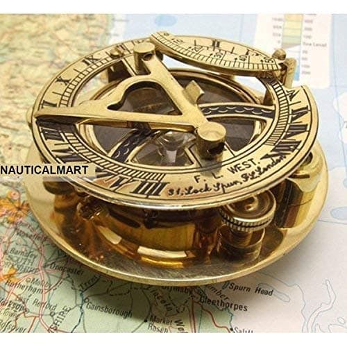 Fascinating Solid Brass Sundial Clock with Inset Compass & Engraved Vane. 3 Inches