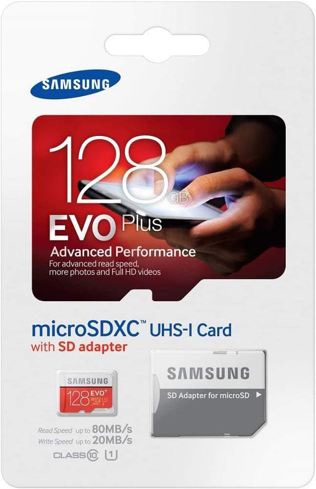 Samsung Memory 128 GB EVO Plus MicroSDXC UHS-I Grade 1 Class 10 Memory Card with SD Adapter - Black/Red/White