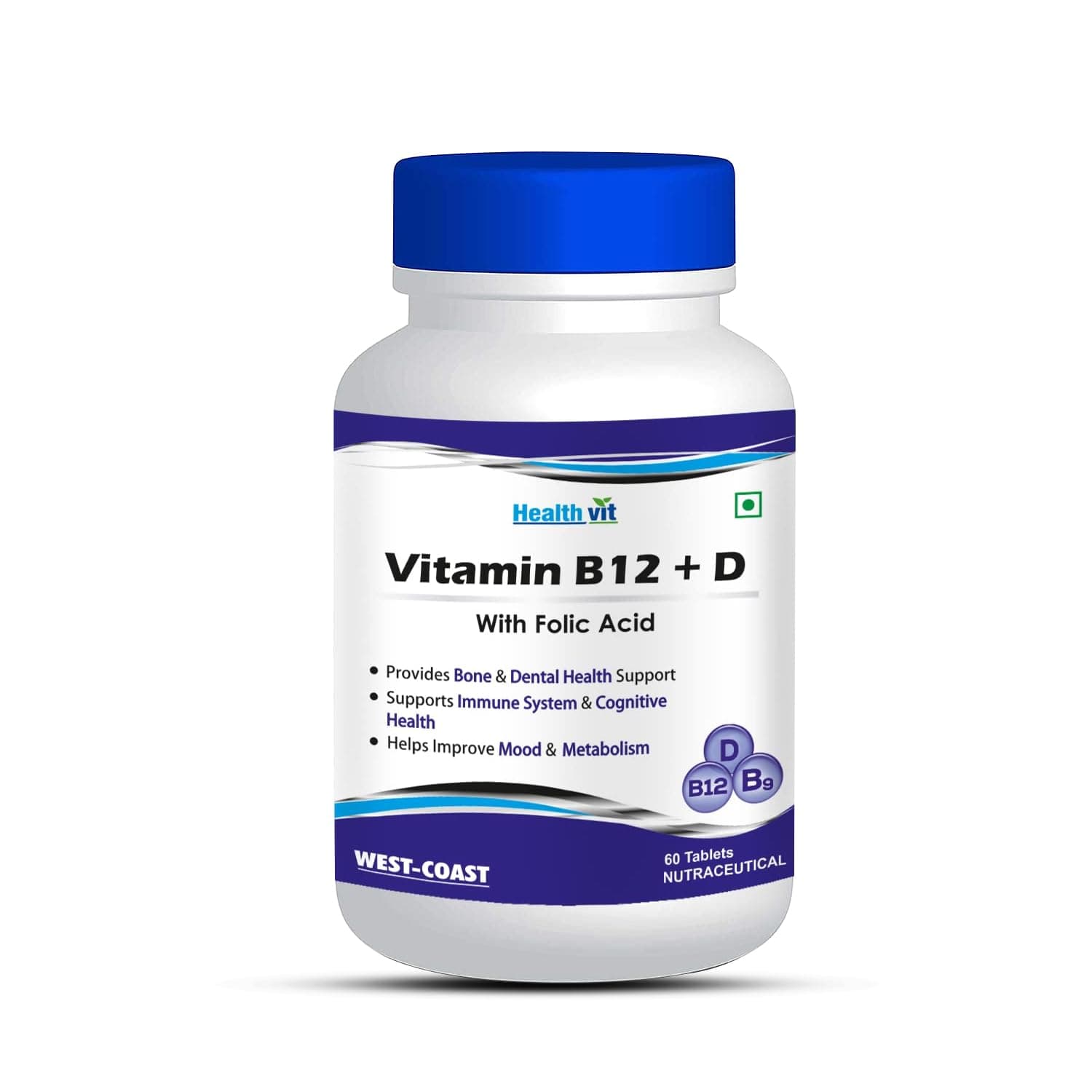 Healthvit Vitamin B12 + D With Folic Acid | Provides Bone & Dental Health Support | Helps Improves Mood & Metabolism | Supports Cognitive Health | Vegan & Non-GMO | 60 Tablets