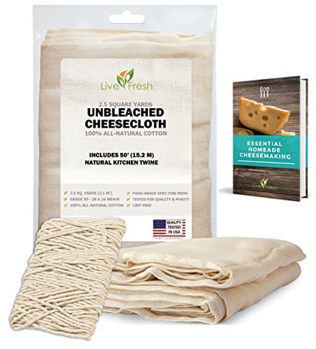 LiveFresh Unbleached Cheesecloth with 50' All-Natural Unbleached Cooking Twine and Cheesemaking Guide eBook - Grade 50, 2.5 Yards (22.5 sq. feet) - Washable and Reusable Strainer