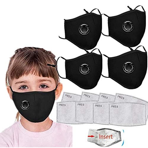4pcs Face Cotton with Breathing valve With 8pcs Activated Carbon Filter Replaceable Filters Face Health Suitable For Children Kids (Black 4PC+8)