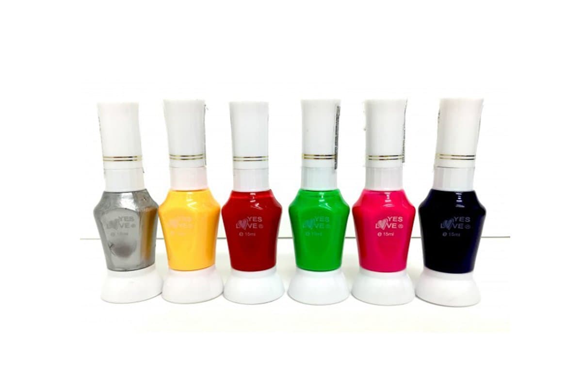 Set of 6 Nail Art Varnish Design 2 in 1 Chrome Silver ref3 Blue/Yellow/Burgundy/Green/Pink/Black