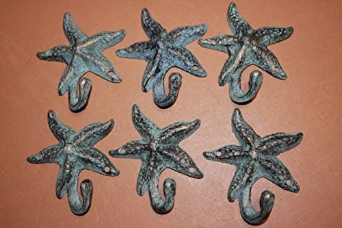 Southern Metal Set of 6, Starifsh Coat Hooks, Nautical Beach Wall Decor, Bronze-Look Cast Iron 4 1/4", N-24