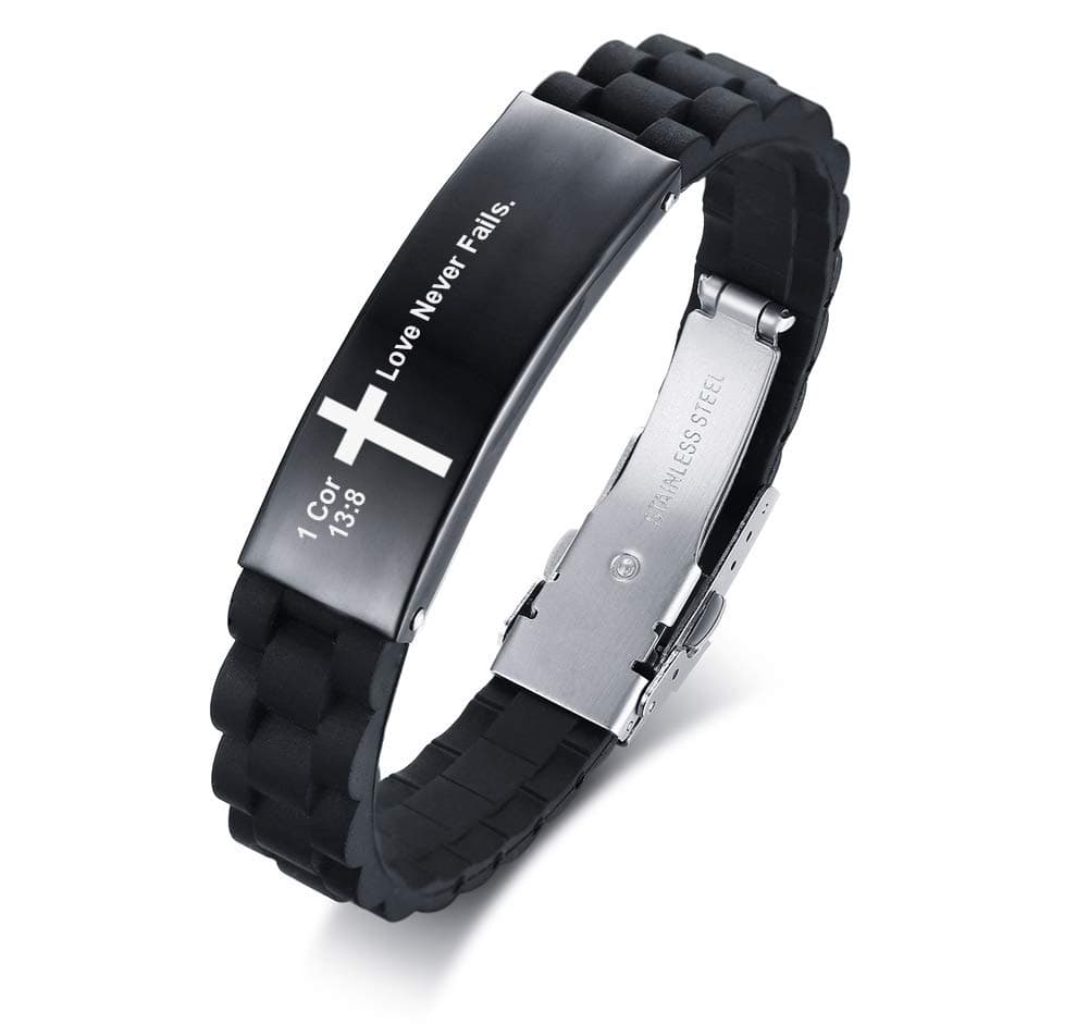 MEALGUETLove Never Fails 1 Cor 13:8 Inspirational Christian Bibe Verse ID Bracelet in Stainless Steel,Religious Gift