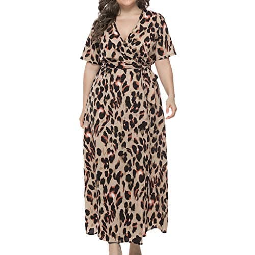 Plus Size Leopard Print Dress,Casual Short Sleeve Deep V Neck Party Cocktail Dresses with Belt