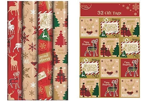 4 x 8M Rolls Kraft Tartan Snowflake Christmas Gift Wrapping Paper + 32 Gift Tags