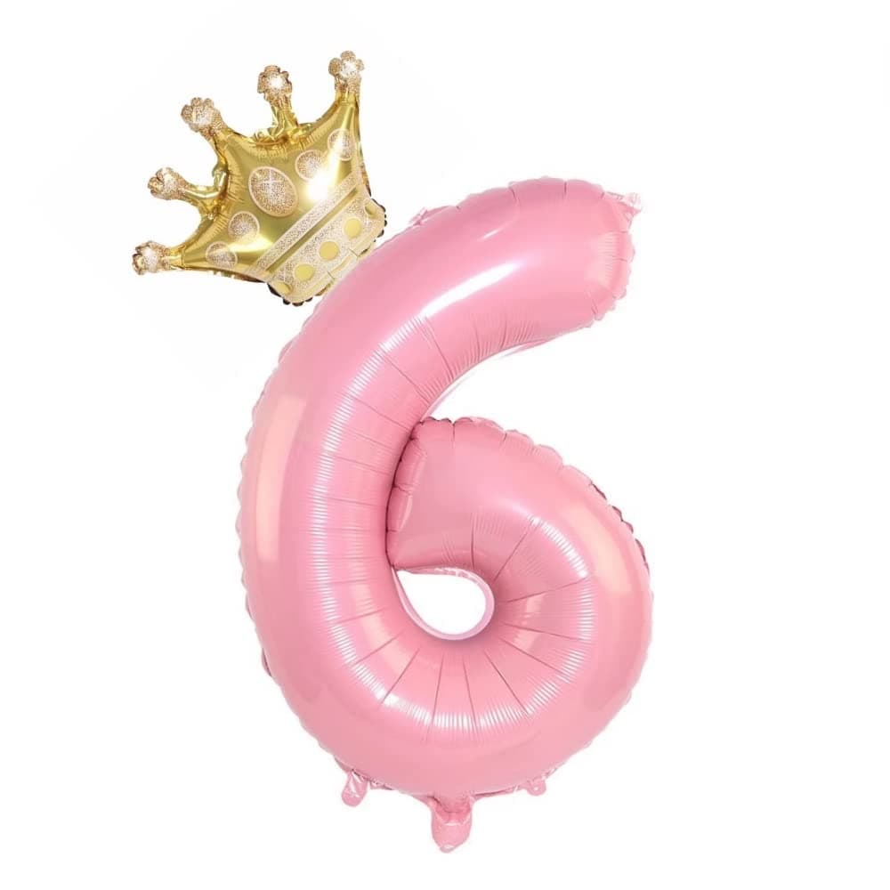 32-Inch Pink Number 6 Balloons With Crown, Number 6 Balloons for 6th Birthday Party Decorations, Anniversary Decoration Balloons. (Number 6)