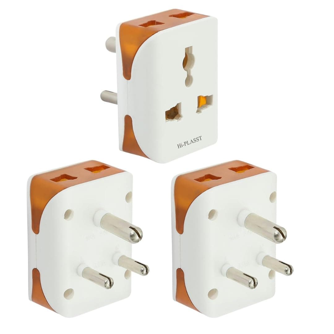 Hi-Plasst (Pack of 3) Universal 3-Pin Multi Plug with Type D Socket – 2x 2-Pin & 1x 3-Pin Outlets, US/UK/EU to India Travel Converter Plug, 6A for International Devices (White & Orange)